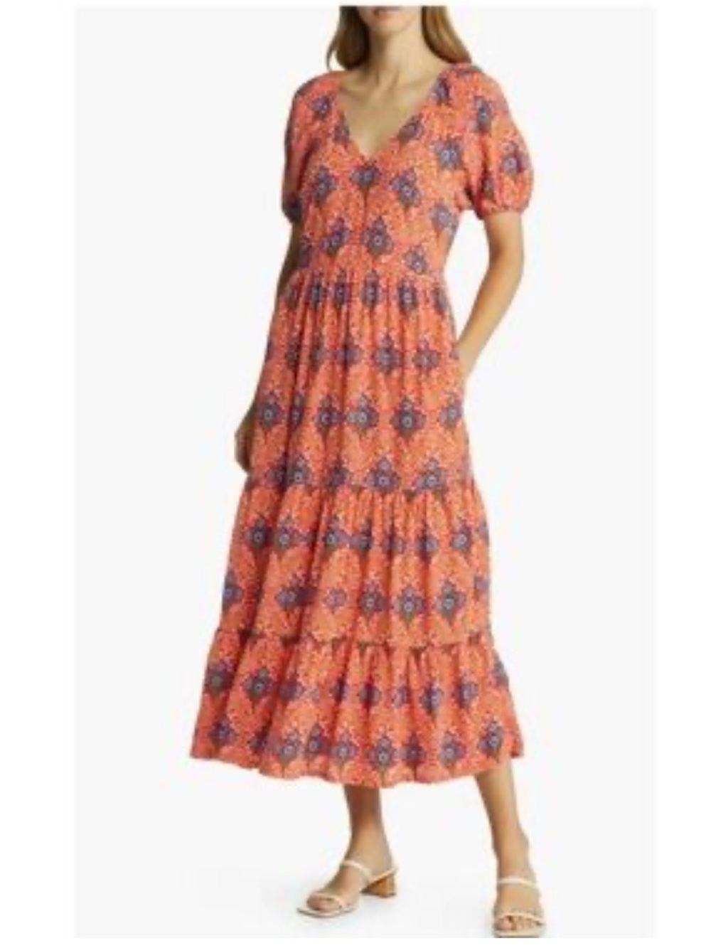Boden Coral Orange Floral Tiered Midi Dress with Blue Accents Women’s 20/22L